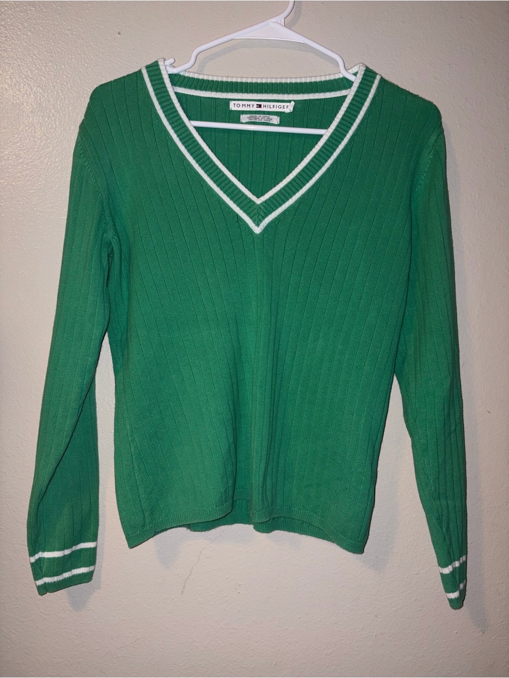 Tommy Hilfiger Green V-Neck Sweater with White Trim